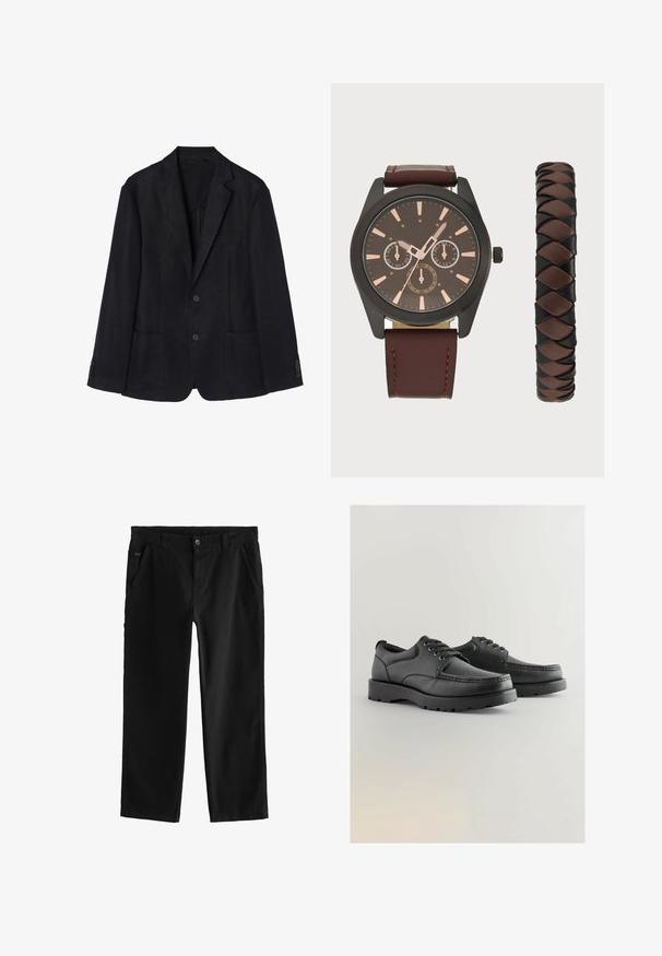 Marineblauwe linnen blazer met een twee-knops voorkant, met een revers, twee voorkruiszakken en knoopmanchetten voor een slanke silhouet.; Donkergroene overhemden met kraag, lange mouwen en een enkele borstzak; heeft witte knopen en een zachte textuur.; Zwarte katoenen broek met een rechte pijpdesign, voorzien van een knoopsluiting aan de voorkant, schuine zijzakken en subtiele stikdetails.; Zwarte leren schoenen met een gestructureerde bovenkant, ronde neus, vetersluiting en dikke rubberen zolen met een patroon.; Pier One SET - Horloge - black/brown; Set van vier ringen: één heeft een zwarte rechthoekige steen, drie zijn metallic met texturen, waaronder kettinglink, geribbeld en dambordpatroon.