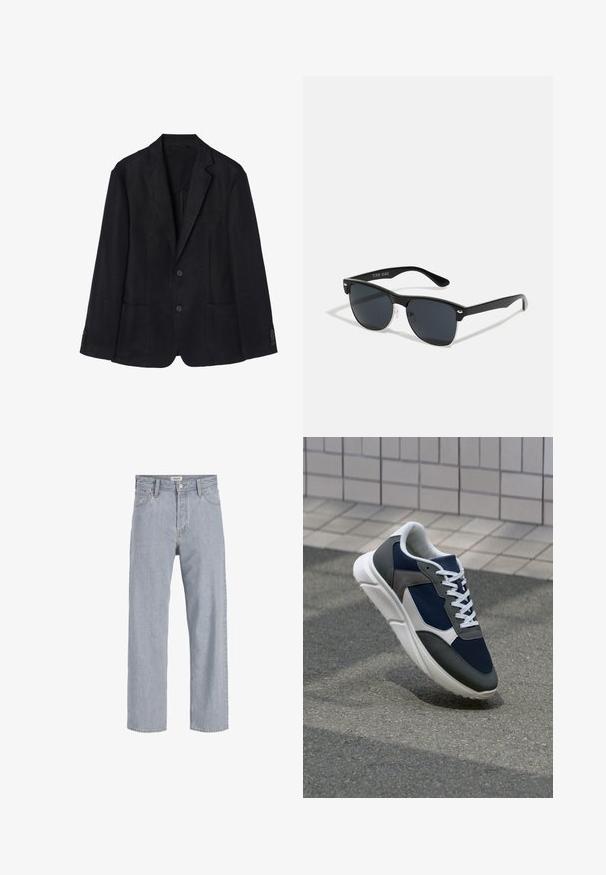 Jūrinio stiliaus lino švarkas turi dviejų mygtukų priekį, išpjovą lapelius, dvi priekinės kišenes ir mygtukus ant rankovių, suteikiančius elegantišką siluetą.; Baltas trumpas rankovės marškinėlis, pagamintas iš medvilnės, su apvalia iškirpte. Priekyje yra subtilus iškilus logotipas ir raudonas etiketas ant apačios.; Šviesiai mėlynos džinsinės kelnės su laisvu siluetu, tiesiomis kojomis, matomomis siūlėmis, dviem priekiniams kišenėmis ir mygtukų užtrauktuku.; Sportiniai bateliai su tamsiai mėlynu tinkliniu viršumi, pilkais zomšiniais akcentais, balta guma padanga ir plokščiomis baltomis raištelėmis, sukurti komfortui ir oro pralaidumui.; Juodos saulės akinių su stačiakampiu rėmeliu, tamsiais lęšiais, sidabrinėmis detalėmis šventrajose ir matinio paviršiaus rėmeliu.