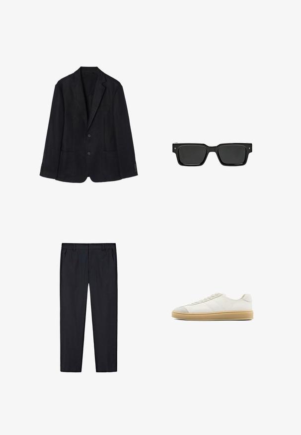 Die marineblaue Leinenjacke zeichnet sich durch einen Zwei-Knopf-Verschluss, einen geflammten Reverskragen, zwei Vorderaschen und geknöpfte Manschetten aus, was zu einer eleganten Silhouette führt.; Weißes Poloshirt aus Polo-Stoff, mit einem kragenlosen Ausschnitt, kurzen Ärmeln und geradem Schnitt sowie einem dreiknöpfigen Verschluss.; Schwarze gerade Hosen mit elastischem Bund, Gürtelschlaufen und Seitentaschen, flach auf weißem Hintergrund präsentiert.; Weiße Wildledersneaker mit glatter Oberfläche, runder Zehenpartie, Schnürung und einer tanfarbenen Gummisohle. Mit dezenten Streifen an den Seiten und Akzenten an der Ferse.; Schwarze rechteckige Sonnenbrille mit dunklen Gläsern, glänzendem Kunststoffrahmen und kleinen Signaturakzenten an den Bügeln. Flaches Profil und scharfe Ecken.