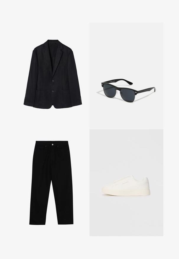 Jūrinio stiliaus lino švarkas turi dviejų mygtukų priekį, išpjovą lapelius, dvi priekinės kišenes ir mygtukus ant rankovių, suteikiančius elegantišką siluetą.; Du žaidimų juodos polo marškiniai, trumpomis rankovėmis, pagaminti iš medvilnės, su klasikinėmis apykaklėmis, dviem mygtukais priekyje ir baltais dryžiais apykaklės viduje.; Juoda džinsinė kelnė su tiesiu kirpimu, penkių kišenių dizainu ir priekiniais mygtukais. Lygus paviršius su minimaliu siuvimo detalėmis.; Baltos slip-on sportbačiai su tekstūruota paviršiumi, storesniu padu ir minimalistišku dizainu. Šone matosi prekės ženklo logotipas.; Juodos saulės akinių su stačiakampiu rėmeliu, tamsiais lęšiais, sidabrinėmis detalėmis šventrajose ir matinio paviršiaus rėmeliu.