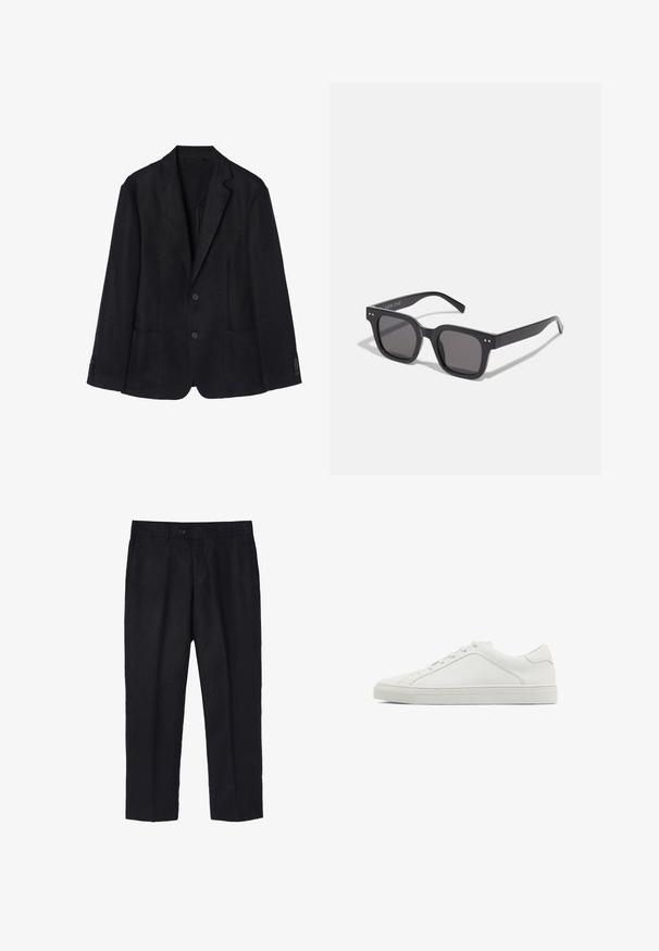 Marineblauwe linnen blazer met een twee-knops voorkant, met een revers, twee voorkruiszakken en knoopmanchetten voor een slanke silhouet.; Marineblauwe polo shirt van gebreide stof, met een klassieke kraag, korte mouwen en een placket met drie knopen en een gladde textuur.; Zwarte linnenbroek met een getailleerde pasvorm, voorzien van een enkele voorste knoop, plooien en rechte pijpen. Gladde textuur met een lichte afwerking.; Witte leren sneaker met een ronde neus, platte zool en minimalistisch ontwerp. Heeft zes veterogen en een subtiele naaddetail aan de zijkant.; Zwarte rechthoekige zonnebril met donkere lenzen, voorzien van een dik montuur, subtiele accenten aan de zijkanten en zonder zichtbare logo's behalve de merknaam.; Zilveren roestvrijstalen horloge met een zwarte wijzerplaat, gemarkeerde uurindicatoren, datumaanduiding en waterbestendigheid tot 50 meter.