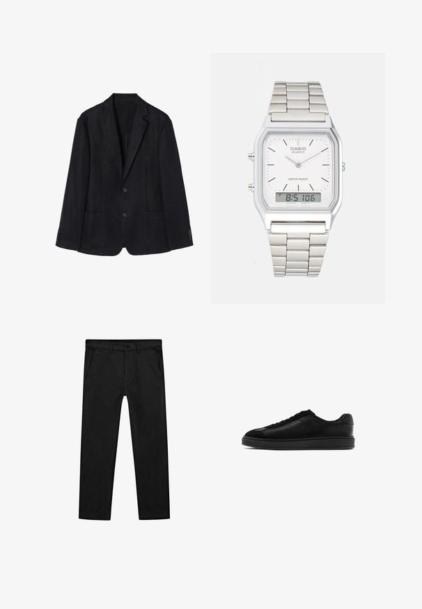 Marineblauwe linnen blazer met een twee-knops voorkant, met een revers, twee voorkruiszakken en knoopmanchetten voor een slanke silhouet.; Zwarte katoenen t-shirt met korte mouwen, ronde halslijn en een effen textuur. Geen zichtbare patronen of hardware details.; Zwarte katoenen broek met een rechte pijp, voorzakken en een klassieke knoopsluiting met een ritssluiting. Soepele textuur, nauwsluitende pasvorm.; Zwarte leren sneakers met een gladde afwerking, ronde neus, vetersluiting aan de voorkant en een contrasterende, gestructureerde tong. Dikke zwarte rubberen zool.; Zilveren roestvrijstalen horloge met een vierkant kast, witte wijzerplaat, analoge en digitale weergave, en een metalen schakelband. Waterdicht ontwerp.