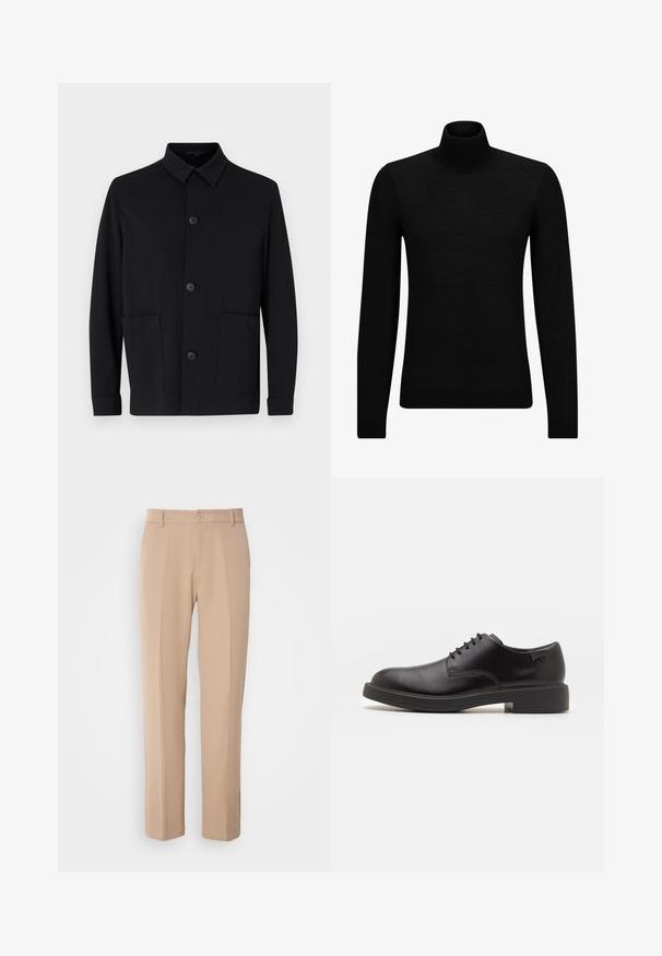 Mustritud must jakk, millel on krae, viis nuppu ja kaks eesmist taskut. Omab siledat tekstuuri ja struktureeritud disaini. Ilma nähtavate mustriteta.; Musthave muströid ja pehmest materjalist must turtleneck, millel on pikad varrukad ja tihe istuvus. Ribaga ääris allservas ja vöökohal. Lihtne disain.; Beezid püksid, mis on valmistatud siledast kangast, sirge jala lõikega, ees nupuga kinnitamisega ja peente kortsudega ees.; Must beemel levalis kingad ümarate varvastega, sileda pinnaga, minimaalsete õmblustega ja madala kummist kontsaga. Logo kontsa peal.