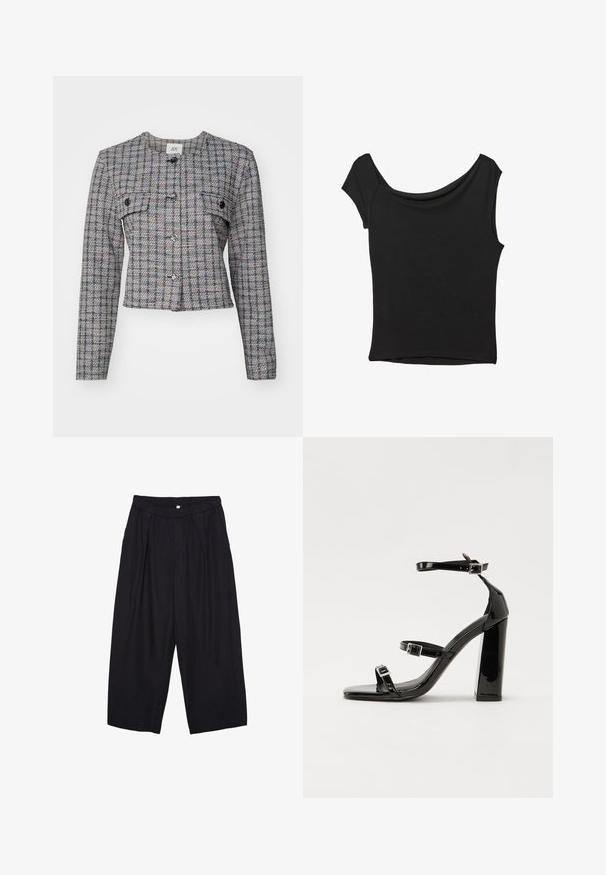 Giacca in tweed grigio intrecciato con motivo a quadri, collo rotondo, tasche frontali e bottoni argentati. Vestibilità strutturata, maniche lunghe e orlo accorciato.; Top nero a maniche corte realizzato in tessuto liscio; presenta un colletto drappeggiato e un orlo asimmetrico, con una vestibilità aderente.; Pantaloni culotte neri in poliestere con una cintura elastica, due pieghe frontali e una silhouette ampia. Nessun motivo visibile o dettagli in metallo.; Sandali con tacco in vernice nera, con punta squadrata, cinturini alla caviglia e fibbie in argento. Presentano un tacco a blocco spesso per maggiore stabilità.