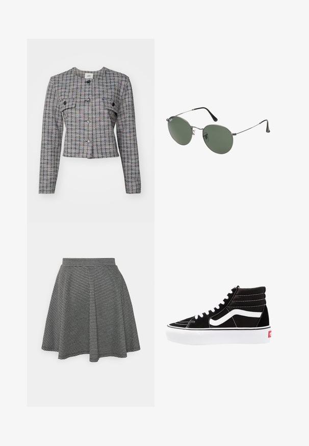 Gray woven tweed jacket with a check pattern, round neck, front pockets, and silver buttons. Structured fit, long sleeves, and cropped hem.; Two sleeveless tops in black and white, made of ribbed cotton, featuring round necklines and a fitted design. Labels visible on both.; Black and white checkered skater skirt with a fitted waistband and flared hem, made of textured fabric displaying a classic pattern.; Black high-top sneakers with white laces, a white logo, and contrasting white stitching. Features a thick white sole and textured suede upper.; Metal-framed sunglasses with oval green lenses. Thin silver metal frame and black ear tips. Minimalist design, no visible logos.