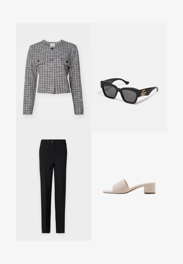 Šedá tkaná tweedová bunda s kostkovaným vzorom, okrúhlym výstrihom, prednými vreckami a striebornými gombíkmi. Štruktúrovaný strih, dlhé rukávy a skrátený lem.; Biele tielko z rebrovaného materiálu, s čiernymi akcentmi pozdĺž dekoltu a ramennej línie, s priliehavým strihom.; Čierne priliehavé nohavice so strihom rovného nohavicu, ktoré majú zapínanie na gombík a pútka na opasok, vyrobené z hladkej látky.; Bežové sandále na blokovom podpätku s širokým remienkom a otvorenou špičkou. Hladký materiál a elegantný dizajn. Krátky, pevný podpätok pre stabilitu.; Čierne obdĺžnikové slnečné okuliare s tmavými sklami, so zlatým logom GG na boku. Vyrobené z lesklého plastu s rovnými ramenami.