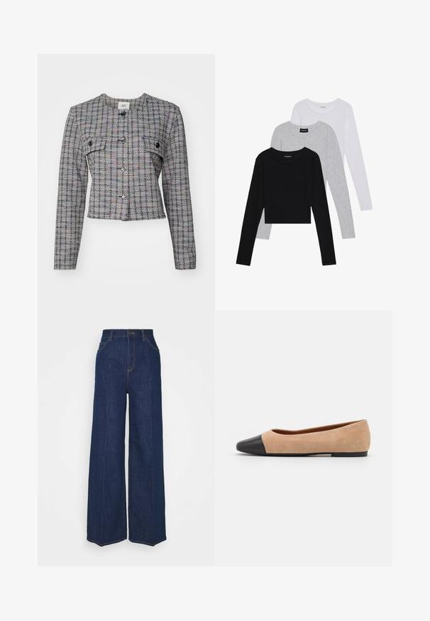 Grau gewobener Tweed-Jacke mit Karomuster, rundem Hals, frontalen Taschen und silbernen Knöpfen. Strukturiert geschnitten, mit langen Ärmeln und cropped Saum.; Drei langärmelige Oberteile gestapelt: schwarz, grau und weiß. Jedes hat einen runden Halsausschnitt und ein kurzes Design aus glattem, leichtem Stoff.; Hochtaillierte, weit geschnittene, dunkelblaue Jeans aus Denim mit Front- und Gesäßtaschen, Knopfverschluss und sichtbaren Nähdetails.; Beige Wildleder Ballerina mit einer runden Zehenkappe aus schwarzem Leder, niedrigem Absatz und glatter Textur, mit minimaler Nahtverarbeitung und klarem Design.