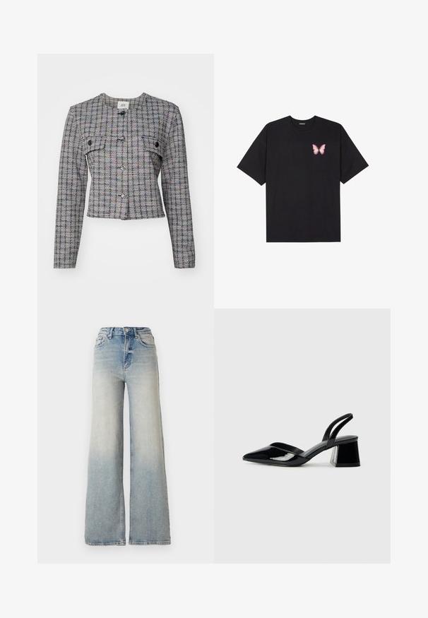 Grau gewobener Tweed-Jacke mit Karomuster, rundem Hals, frontalen Taschen und silbernen Knöpfen. Strukturiert geschnitten, mit langen Ärmeln und cropped Saum.; Schwarzes Baumwoll-T-Shirt mit kurzen Ärmeln, das ein kleines pinkes Schmetterlingsmotiv auf der linken Brust zeigt. Crewneck-Design mit einem entspannten Schnitt.; Hellblaue weit geschnittene Jeans aus Denim, mit hoher Taille, fünf Taschen und sichtbaren Nähten entlang der Säume.; Schwarze Lackleder-Slingback-High Heels mit spitzem Schuh und einem geometrischen Blockabsatz. Verfügt über ein schlankes, minimalistisches Design und eine glatte Textur.