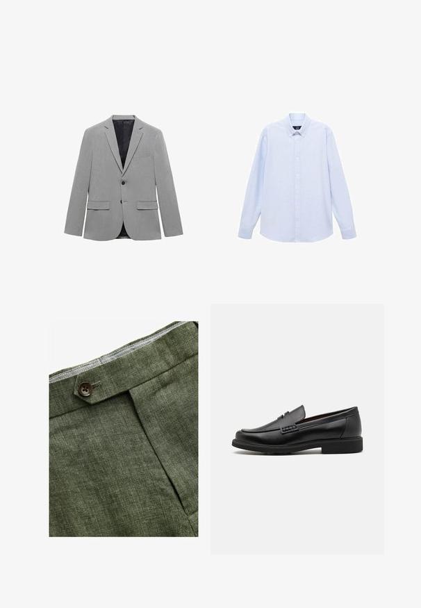 Vaaleanharmaa bleiseri, joka on valmistettu teksturoidusta kankaasta. Siinä on yksittäinen napitus, kaksi etutaskua ja sileä musta vuori.; Vaaleansininen pitkähihainen nappipaita klassisella kauluksella, suora helma ja hienovarainen rakenne. Keskellä nappisuljenta.; Olivinvihreät pellavahousut, joissa on etupleetti, napin kiinnitys ja vyötäröllä erottuva ruudullinen vuori.; Musta keinotekoinen mokka, jossa on korostettu ommeltu etuosa, pehmeä sisäpohja ja litteä kumipohja; tyylikäs muotoilu, jossa on vähäistä yksityiskohtaisuutta.