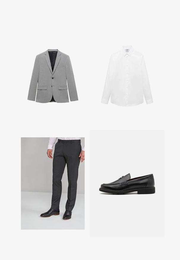 Svetlo šedý blejzer vyrobený z textúrovanej látky, s jedným gombíkom, dvoma prednými vreckami a hladkým čiernym podšívkou.; Biela dlhá košeľa s dlhým rukávom z hladkej tkaniny, s klasickým golierom, zapínaním na gombíky a zakriveným lemom. Minimalistický dizajn bez vzorov.; Sivé prispôsobené nohavice s hladkou textúrou, so plochým predným dielom a pútkami na opasok, spojené s čiernymi spoločenskými topánkami.; Čierne syntetické poltopánky s výrazným prešitým predným detailom, vycpanou vnútornou stielkou a plochou gumovou podrážkou; elegantný dizajn s minimálnym zdobením.