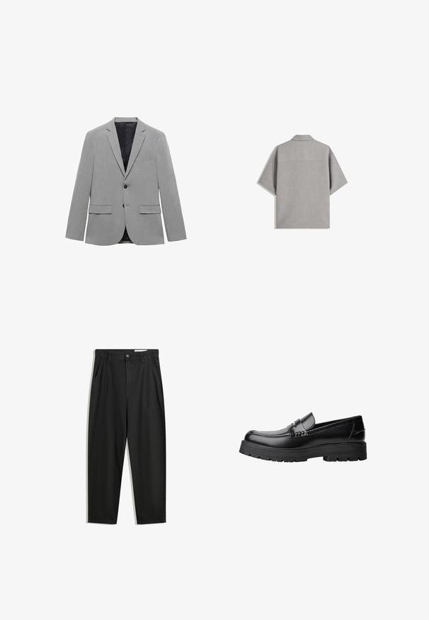 Blazer grigio chiaro realizzato in tessuto testurizzato, caratterizzato da una chiusura con un solo bottone, due tasche frontali e un rivestimento interno liscio nero.; Bershka SHORT SLEEVE TAILORED - Camicia - dark grey; Pantaloni in cotone neri con una vestibilità rilassata, dotati di una vita classica, pieghe frontali e tasche laterali. Tessuto liscio senza fantasie.; Mocassino in pelle nera con suola spessa e tassellata e fascia decorativa sulla parte superiore, mostrato in profilo sinistro su sfondo bianco.