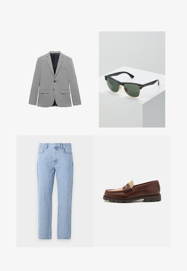 Světle šedý blazer vyrobený z texturované látky, s jednořadovým zapínáním na knoflík, dvěma předními kapsami a hladkým černým vnitřním podšívkou.; Bílý bavlněný top na ramínka s kulatým výstřihem, širokými ramínky a rovním lemem, s hladkou texturou a bez viditelných vzorů.; Světle modré džínové kalhoty se rovnými nohavicemi, pěti kapsami a zapínáním na knoflíky. Měkká textura s klasickým vybledlým vzhledem.; Hnědé kožené mokasíny s taupe plátěným akcentem, prošívanými detaily a texturovanou gumovou podrážkou navrženou pro pohodlí a odolnost.; Sluneční brýle Ray-Ban se zelenými skly, černými plastovými rámy a zlatými akcenty na okrajích. Čtvercový tvar s matným povrchem.