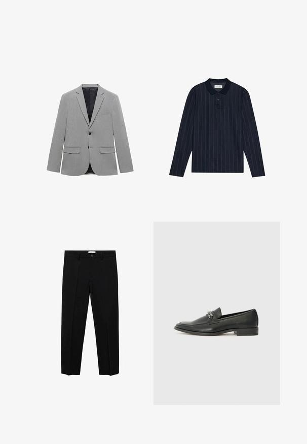 Vaaleanharmaa bleiseri, joka on valmistettu teksturoidusta kankaasta. Siinä on yksittäinen napitus, kaksi etutaskua ja sileä musta vuori.; Tummansininen pitkähihaisen polo-paita, jossa on kaulakotelo, ohuita pystysuuntaisia raitoja ja kolmonnapainike. Pehmeä kangas.; Musta räätälöity housut suoralinjaisella leikkauksella, jossa on yksinkertainen nappisulku, vyölenkit ja etusärötys. Valmistettu sileästä kankaasta.; Musta nahkakengät, joissa on sileä pinta, koristeelliset ompeleet ja metalliketjun yksityiskohta kengän päällä. Littee korko.