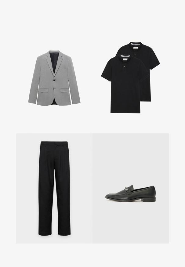 Sacou gri deschis realizat dintr-un material texturat, având un închidere cu un singur nasture, două buzunare frontale și o căptușeală interioară neagră netedă.; Două tricouri polo negre, cu mânecă scurtă, din material de bumbac, având un guler clasic, deschidere cu două butoane și accente albe cu dungi în interiorul gulerului.; Pantaloni negri dintr-un material neted, cu un design drept, două pliuri frontale și un tiv standard cu bucle pentru curea.; Pantofii negri din piele cu un finisaj neted, având un design cusut și un accent decorativ de lanț metalic peste partea de sus. Toc plat.