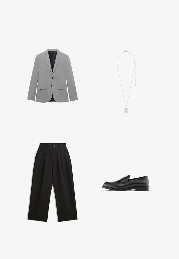 Hellgrauer Blazer aus strukturiertem Stoff, mit einem Ein-Knopf-Verschluss, zwei Vorderaschen und einem glatten schwarzen Innenfutter.; Schwarzes Langarm-Henley-Shirt aus weichem Stoff, mit knöpfbarer Leiste, rundem Ausschnitt und enganliegenden Ärmeln.; Schwarze Hose mit lockerem Schnitt, mit Falten an der Vorderseite, Seitentaschen und einem Knopfverschluss. Hergestellt aus strukturiertem Stoff.; Schwarzer Leder-Pennyloafer mit niedrigem Absatz, runder Zehenform und gesticktem Detail entlang des Oberleders, seitlich auf einem weißen Hintergrund dargestellt.; Silberne Halskette mit einem rechteckigen Anhänger mit filigranem Design, einer feinen Kette und einem verstellbaren Verschluss zur Längenanpassung.