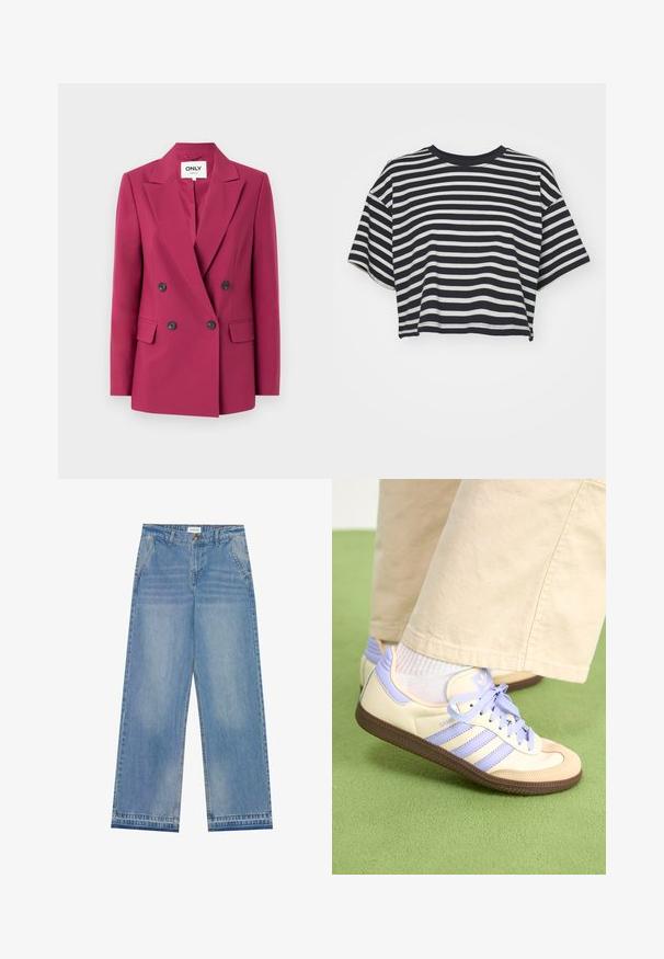 Φούξια σακάκι με διπλό στήθος, με κέντρα, μαύρα κουμπιά και πλαϊνές τσέπες. Κατασκευασμένο από λείο ύφασμα με προσαρμοσμένη εφαρμογή.; Τετράγωνη κοντομάνικη μπλούζα με ρίγες σε ναυτικό και λευκό. Κοντά μανίκια, στρογγυλή λαιμόκοψη, μαλακό ύφασμα με οριζόντιες ρίγες και χαλαρή εφαρμογή.; Ανοιχτό μπλε ψηλόμεσα παντελόνα με φαρδιά πόδια, κλείσιμο με κουμπί, μπροστινές τσέπες, θηλάκια ζώνης και διακριτική φθορά.; Κρέμα και λεβάντα αθλητικά παπούτσια με τρεις ρίγες και υφασμάτινη καφέ σόλα, με κορδόνια και επενδεδυμένο τακούνι. Μαλακό ύφασμα στην πάνω επιφάνεια.