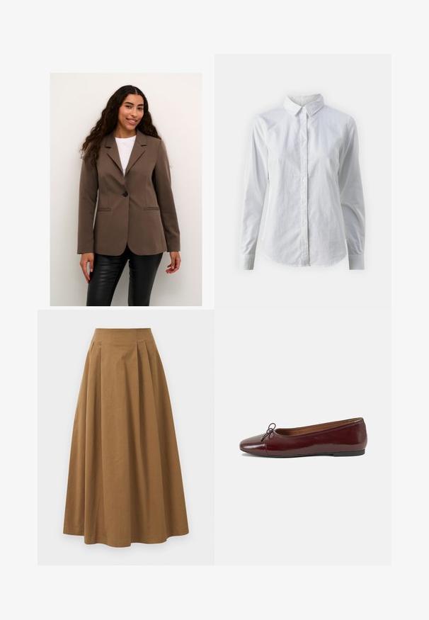 Hnědý šitý blazer s jediným černým knoflíkem, klopovými límci a dvěma předními kapsami, kombinovaný s černými kalhotami ve vzhledu kůže.; Bílá košile na knoflíky vyrobená z hladké bavlny, s klasickým límcem, dlouhými rukávy a zakřiveným spodním lemem. Knoflíky jsou malé a bílé.; Hnědá bavlněná sukně ve stylu A s vysokým pasem, se sklady na přední straně a hladkou texturou. Lemování je čisté a jednoduché.; Burgundské lakové baleríny s kulatou špičkou, malou mašlí vpředu a nízkou černou gumovou podrážkou. Hladký povrch.
