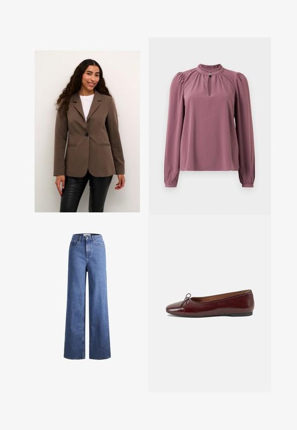 Brūns pielāgots bleizeris ar vienu melnu pogu, griezumu lapelēs un divām priekšējām kabatām, apvienots ar melnajām ādas līdzīgām biksēm.; Garšā piedurkne mauve krāsas blūze ar saplacinātu apkakli, atslēgas caurumu dekoltē ar pogu aizdari un nedaudz pūkainām plecu daļām.; Gai zili džinsi ar platu kāju un augstu jostu, divas priekšējās kabatas un redzamu šuvju. Iekļauj pogas un rāvējslēdzēja aizdari.; Burgundijas laku ādas baleta kurpes ar noapaļotu purngalu, nelielu loku akcentu priekšā un zemu melnu gumijas zoli. Gluda tekstūra.