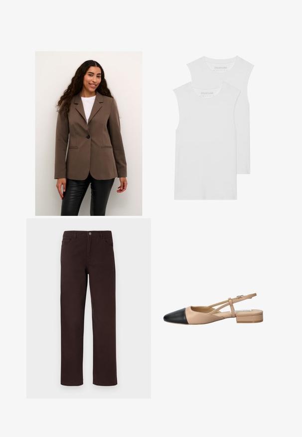 Brown tailored blazer with a single black button, notch lapels, and two front pockets, paired with black leather-like pants.; Two white sleeveless T-shirts made of soft cotton fabric, featuring a rounded neckline and no visible patterns or hardware.; Brown cotton pants with a straight-leg design, two front pockets, and a button closure at the waistband. Smooth texture with no visible patterns.; Beige and black two-tone slingback shoe with a pointed toe, flat heel, and crisscross strap detail. Smooth leather texture.