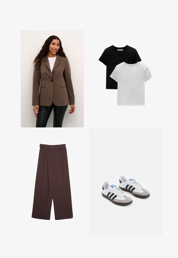 Brązowa dopasowana marynarka z jednym czarnym guzikiem, klapami i dwoma przednimi kieszeniami, zestawiona z czarnymi spodniami imitującymi skórę.; Dwie koszulki z okrągłym dekoltem w kolorze czarnym i białym, wykonane z bawełny. Posiadają krótkie rękawy i jednolity kolor bez wzorów czy akcentów.; Stradivarius - Spodnie materiałowe; Buty sportowe z białą skórzaną cholewką, szarym zamszowym noskiem i trzema czarnymi paskami. Posiadają niebieskie logo na języku oraz teksturowaną gumową podeszwę.