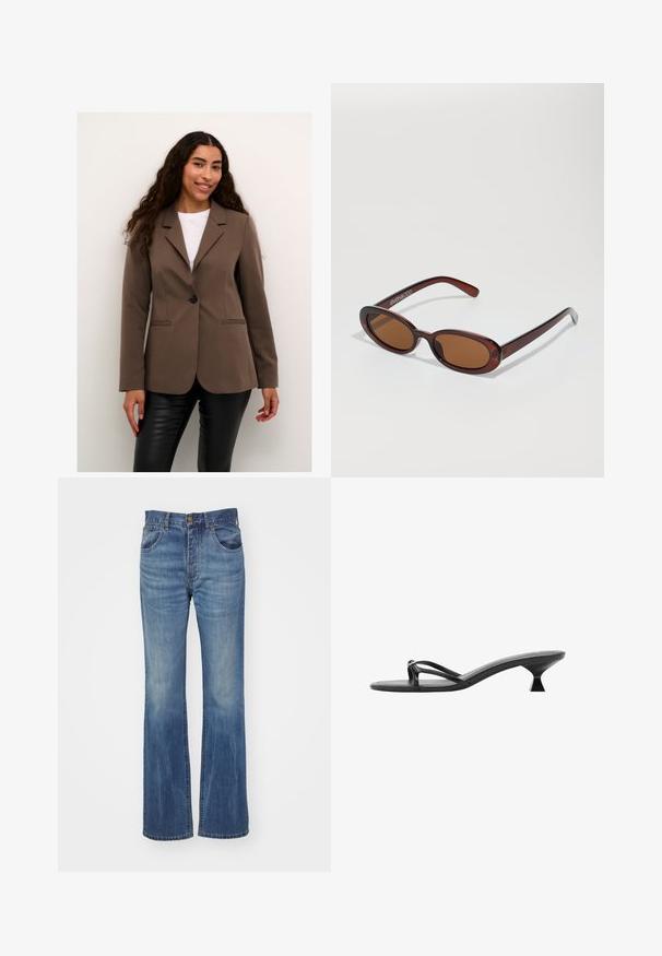 Hnedý strihaný blejzer s jedným čiernym gombíkom, klopami a dvoma prednými vreckami, doplnený čiernymi nohavicami v koženom vzhľade.; Biele tielko, rebrový textúra, okrúhly výstrih, bezrukávový dizajn, priliehavý strih, diskrétne logo na štítku vo vnútri oblasti goliera.; Rozšírené modré džíny s stredným praním, vysokým pásom, pútkami na opasok a prednými vreckami. Hladký povrch s minimálnym opotrebovaním.; Čierne sandále na vysokom podpätku s elegantným dizajnom, tenkými remienkami a jedinečným trojuholníkovým podpätkom. Hladký povrch s minimalistickým vzhľadom.; Okrúhle slnečné okuliare s hnedým nádychom a lesklým burgundským rámom. Úzke ramená s jemným brandovaním. Plochej šošovky dizajn.