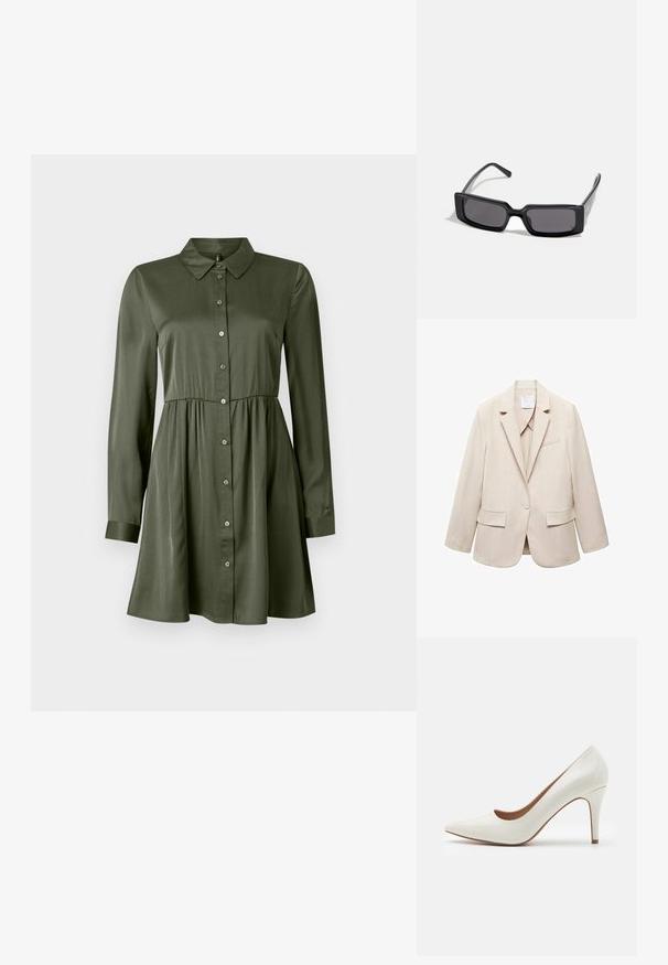 Béžový blazer s prúžkami, s klopovým límcom, jedným gombíkom, dvoma prednými vreckami a jedným vreckom na hrudi. Texturovaná tkanina.; Dlhý rukáv olivovo zelené button-down šaty s priliehavým pásom a golierom, mierne rozšírenou sukňou a manžetami.; Biele lakované vysoké podpätky s špicatou špičkou a hladkým povrchom, s štíhlým podpätkom a nízkym strihom okolo otvoru.; Čierne slnečné okuliare s obdĺžnikovým rámom, tmavými sklami a hladkým lesklým povrchom. Obsahujú tenké stranice s nenápadným značkovaním po boku.; Michael Kors zápästná taška v béžovej potiahnutej plátenej tkanine s opakujúcim sa vzorom loga MK, zlatým kovania a odnímateľným reťazovým popruhom.; Zlaté kovové náušnice s vlnitým dizajnom; hladký, reflexný povrch; asymetrický tvar; žiadne viditeľné vzory alebo hardvér.