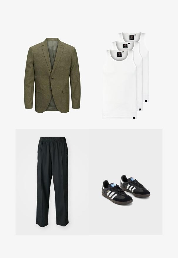Męski żakiet w oliwkowym kolorze, wykonany z teksturowanej tkaniny, z ząbkowanym kołnierzem, dwoma guzikami i kieszeniami z przodu. Widoczna podszewka.; Trzy białe prążkowane koszulki na ramiączkach wykonane z bawełny. Posiadają okrągły dekolt i małe czarne metki blisko dolnego brzegu. Dostępne w różnych rozmiarach.; Czarne spodnie sportowe z elastycznym pasem, wykonane z gładkiego materiału, z subtelnym przeszyciem po bokach i luźnym krojem, prostą nogawką.; Czarne sneakersy z zamszową i syntetyczną cholewką, wyposażone w trzy białe paski, teksturowaną gumową podeszwę oraz niebieską metkę z logo na języku.