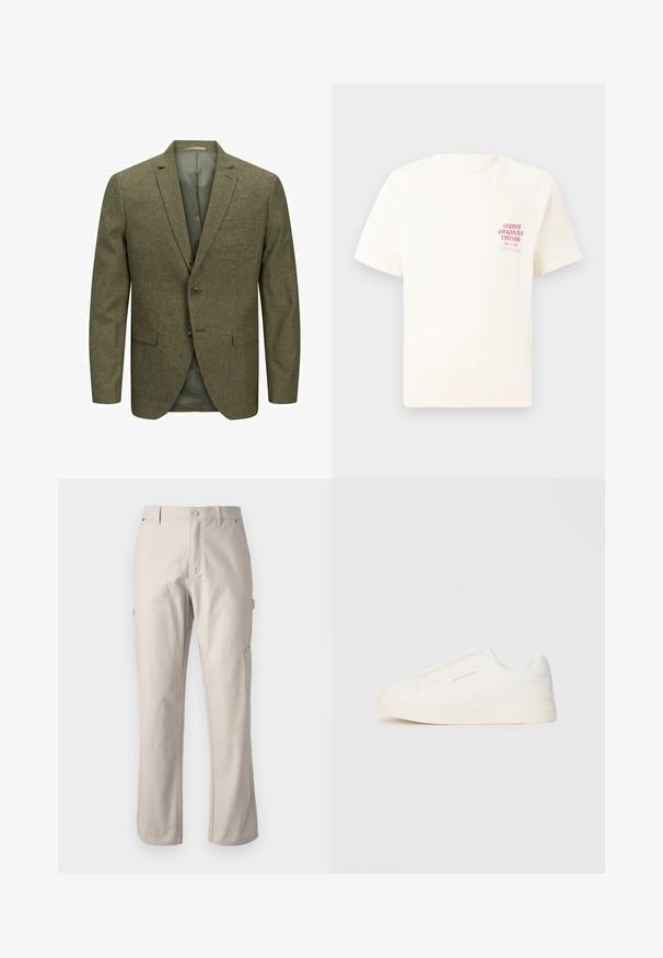 Maslinasto zeleni muškarac blazer od teksturirane tkanine, s ovratnikom s režanjem, dva dugmeta i prednjim džepovima. Vidljiva podstava.; Bijela kratka majica s kratkim rukavima s crvenim natpisom "Studio Originals Edition" na lijevoj strani grudi, prikazana na neutralnoj sivoj pozadini.; Bež cargo hlače od čvrstog pamuka s ravnim nogavicama, prednjim zatvaranjem na gumb i bočnim džepovima za praktičnost. Glatka tekstura s suptilnim šavovima.; Bijele slip-on tenisice s teksturiranom površinom, debelim đonom i minimalističkim dizajnom. Sadrže logo branda sa strane.