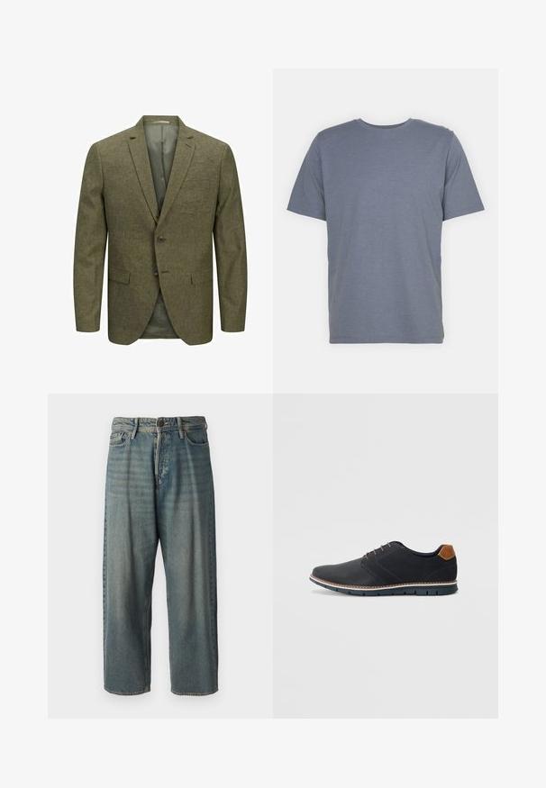 Alyvinėlės žalios spalvos vyriškas švarkas, pagamintas iš tekstūruotos medžiagos, su įpjovimu ant apykaklės, dviem mygtukais ir priekinėmis kišenėmis. Matoma pamušalo dalis.; Pilkas trumpas rankovėmis marškinėliai su apvaliu kaklu, pagaminti iš švelnaus medvilnės mišinio. Paprastas dizainas, be raštų ar akcentų.; Šviesiai mėlyni džinsai su laisvu siluetu, vidutinio aukščio juosmeniu ir tiesiomis kojomis. Su penkiais kišenėmis, diržo kilpo ir mygtukų uždarymu.; Juodi sintetiniai batai su tekstūruotu paviršiumi, lygiomis detalėmis, ruda kulna ir kontrastingu padu. Yra minimalus raištelių užsidėjimas ir siuvimo detalės.