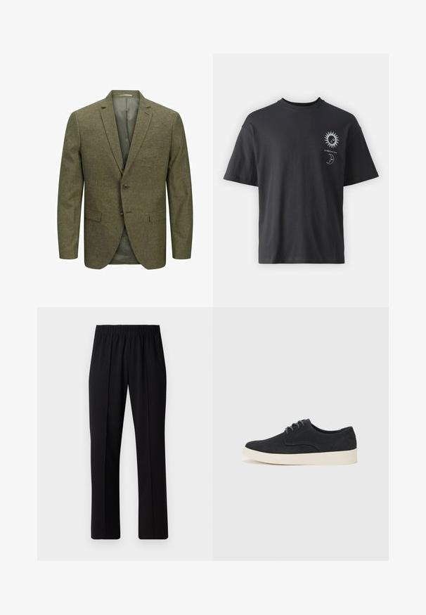 Olivově zelený pánský blazer vyrobený z texturované látky, s klopovým límcem, dvěma knoflíky a předními kapsami. Viditelná podšívka.; Černé bavlněné tričko s krátkým rukávem, kulatým výstřihem a předními grafikami slunce a měsíce, doplněné textem "Le Soleil et La Lune."; Černé kalhoty s elastickým pasem a rovnými nohavicemi, s hladkým povrchem a bez viditelných vzorů nebo kovových doplňků.; Černé semišové šněrovací boty s kulatou špičkou, lehkou krémovou podrážkou a jemným modrým prošíváním na svršku.