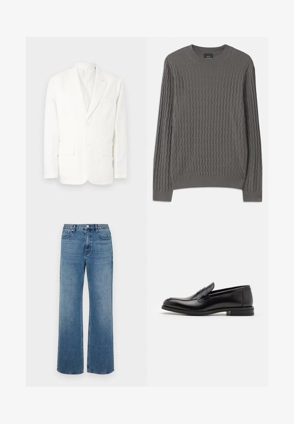 Blazer bianco in cotone con rever a punta, due tasche frontali, due bottoni e una tasca sul petto. Design semplice e pulito con una vestibilità su misura.; Armani Exchange Maglione - dark gull zig zag; Jeans a gamba larga blu in denim con una finitura sbiadita. Presentano cinque tasche, una chiusura con bottone frontale e una vestibilità dritta.; Mocassini neri in pelle con una texture liscia, punta arrotondata e una striscia decorativa sulla tomaia. Tacco basso impilato, design minimalista.