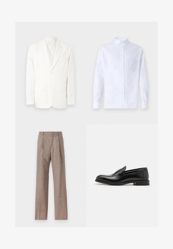 White cotton blazer with notched lapels, two front pockets, two buttons, and a single chest pocket. Simple, clean design with a tailored fit.; White long-sleeve button-up shirt made of cotton, featuring a chest pocket with tonal embroidery, a collar, and button cuffs.; Brown, high-waisted trousers made of textured fabric. Features wide legs and two front pleats for structure. Neat finish with no visible hardware.; Black leather loafers with a smooth texture, rounded toe, and a decorative strap across the vamp. Low stacked heel, minimalist design.