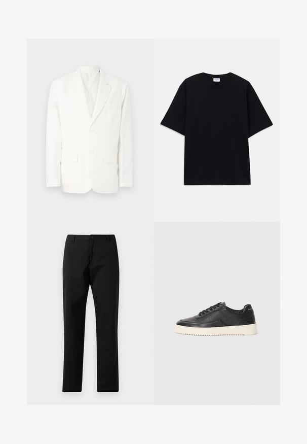 White cotton blazer with notched lapels, two front pockets, two buttons, and a single chest pocket. Simple, clean design with a tailored fit.; Black short-sleeve oversized T-shirt with round neckline and visible Filippa K brand label inside the collar.; Black straight-leg trousers with button and zip closure, belt loops, and front pockets, displayed on white background.; Black leather sneaker with textured finish, round toe, and flat white rubber sole. Features black laces and branding on the heel.
