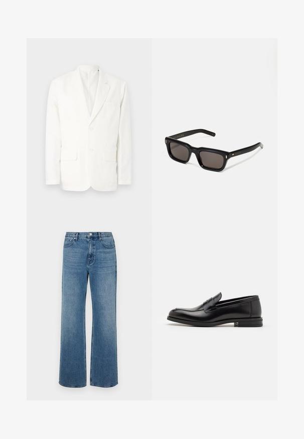 Hvid bomuldsblazer med slåede klapper, to frontlommer, to knapper og en enkelt brystlomme. Enkel, ren design med en skræddersyet pasform.; Sort kortærmet T-shirt lavet af bomuld med rund hals og afslappet pasform. Glat tekstur med minimale syningsdetaljer.; Bredde ben blå jeans lavet af denim med en falmet finish. Har fem lommer, en frontknaplukning og en lige pasform.; Sorte læderloafers med en glat overflade, rund tå og en dekorativ strop over vampen. Lav hæl med stabeldesign, minimalistisk stil.; Sorte rektangulære solbriller med mørke glas, tyk plastisk ramme, guldtryk på stængerne og brandlogo indgraveret på armen.; Sort lærred tote taske med sorte læderhåndtag. Simpelt design, rummelig krop og en glat overflade. Ingen synlige logoer eller mønstre.