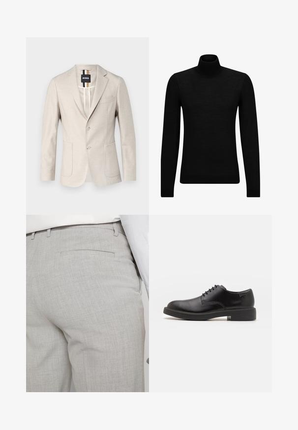 Svetlo bež blejzer iz tkanine. Ima enoredno zapiranje, dva sprednja žepa in ovratnik s poševnim rezom. Minimalističen slog.; Črna turtleneck pulover iz mehkega materiala, z dolgimi rokavi in tesnim prileganjem. R ibana obroba na robu in rokavih. Preprosta zasnova.; Svetlo sive hlače po meri iz teksturirane tkanine, z enim zadnjim žepom in čistim šivom.; Črne usnjene čipkaste čevlje z zaobljenim nosom, gladko teksturo, minimalnim šitjem in nizkim gumijastim peto. Logo na peti.