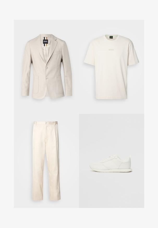 Svijetlosmeđi blejzer izrađen od tkanog materijala. Ima jednostruko kopčanje, dva prednja džepa i rever s izrezom. Minimalistički stil.; BOSS TEE - Osnovna majica kratkih rukava - open white; Bežaste pamučne hlače ravnog kroja s kopčanjem na dugme i plisiranjima sprijeda za dodatni detalj.; Bijela tenisica s gornjim dijelom od mrežice i sintetičkog materijala, okrugli vrh, ravne vezice i teksturirani bočni trak. Gumeni potplat s petnim trakicom.