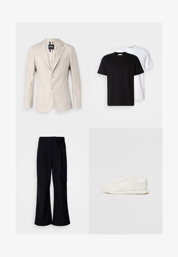 Svetlo béžový blejzer vyrobený z tkaného materiálu. Má jednoradové zapínanie, dve predné vrecká a klopový golier. Minimalistický dizajn.; Dve obyčajné bavlnené tričká, jedno čierne položené pred bielym, obe s krátkymi rukávmi a okrúhlymi výstrihmi.; Čierne široké nohavice z bavlny s predným záhybom, s uzatváraním na gombík a pútkami na opasok, hladká textúra a žiadne viditeľné vzory.; Biele tenisky s sieťovaným a syntetickým zvrškom, okrúly špička, ploché šnúrky a štruktúrovaný pruh na boku. Gumová podrážka s pútkom na zadnej strane.