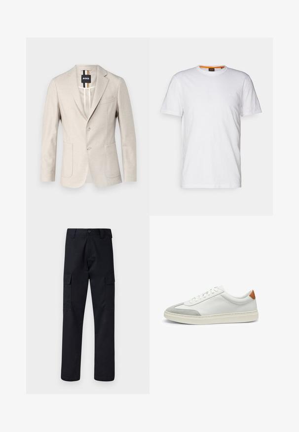 Light beige blazer made from a woven fabric. Features a single-breasted design, two front pockets, and a notched collar. Minimalistic style.; White cotton T-shirt with a crew neck, short sleeves, and a subtle embossed logo on the chest. Interior tag has an orange accent.; Black cargo pants made of sturdy fabric, featuring a straight-leg cut, two side pockets, and a button closure at the waistband.; White leather sneakers with gray suede accents and a tan leather heel tab. Features a textured surface and lightweight sole.