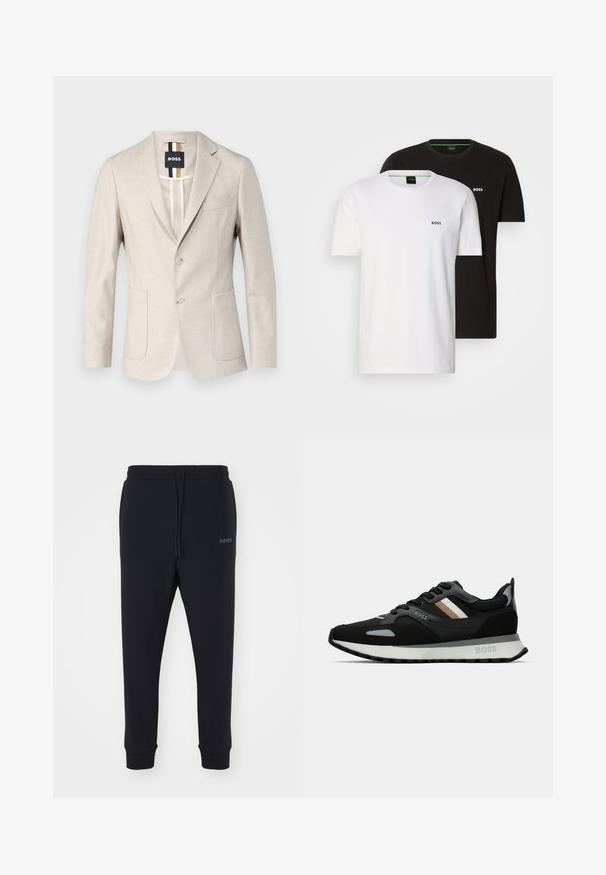 Šviesiai smėlinis bleizeris, pagamintas iš audinio, suvertų siūlų. Turi vieną sagą, dvi priekines kišenes ir išpjautą apykaklę. Minimalistinio stiliaus.; Dvi medvilnės marškinėliai juodos ir baltos spalvos, su apvalia iškirpte ir mažais logotipais ant krūtinės. Abu marškiniai turi trumpas rankoves ir tiesų pjūvį.; Juodos sportinės kelnės, pagamintos iš minkštos medžiagos, su elastinga juosta, raišteliu ir aptemptomis kojomis. Šone yra mažas logotipas.; Juodas bėgimo batelis su struktūrizuota paviršiumi, šviesiai pilkomis akcentais ir trimis horizontaliosiomis rudo atspalvio juostomis. Savyje turi baltą paminkštintą padu.