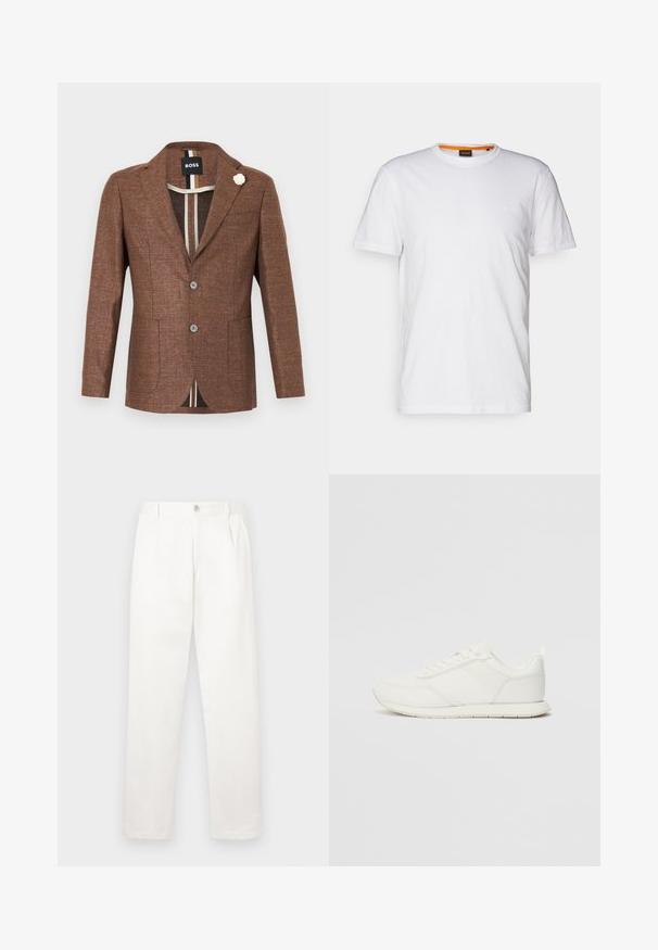 Blazer castanho texturizado com lapela dentada, dois botões e bolsos frontais; inclui um accentuação de flor branca na lapela.; T-shirt de algodão branco com decote redondo, mangas curtas e um logo em relevo discreto no peito. A etiqueta interior tem um detalhe laranja.; Calças brancas feitas de um tecido suave, com um design de perna reta, pregas frontais e um fecho de botão único na cintura.; Sapatilha branca com parte superior em malha e sintético, bico arredondado, atacadores planos e uma faixa lateral texturizada. Sola em borracha com uma alça na parte de trás.