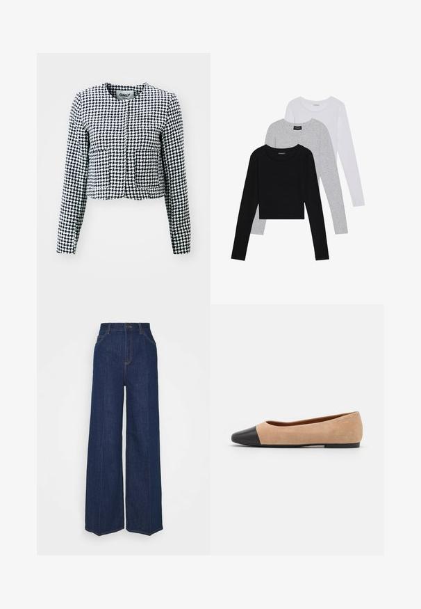 ONLY ONLTERRA JACKET - Blézer - night sky/white; Három hosszú ujjú póló egymásra rakva: fekete, szürke és fehér. Mindegyiknek kerek nyaka van, és rövidített fazonnal rendelkezik, sima, könnyű anyagból készült.; Magas derekú, széles szárú sötétkék farmernadrág elöl és hátul zsebekkel, gombos záródással és látható varrási részletekkel.; Beige velúr balettcipő fekete bőr kerek orral, alacsony sarokkal és sima textúrával, minimális varrással és letisztult dizájnnal.