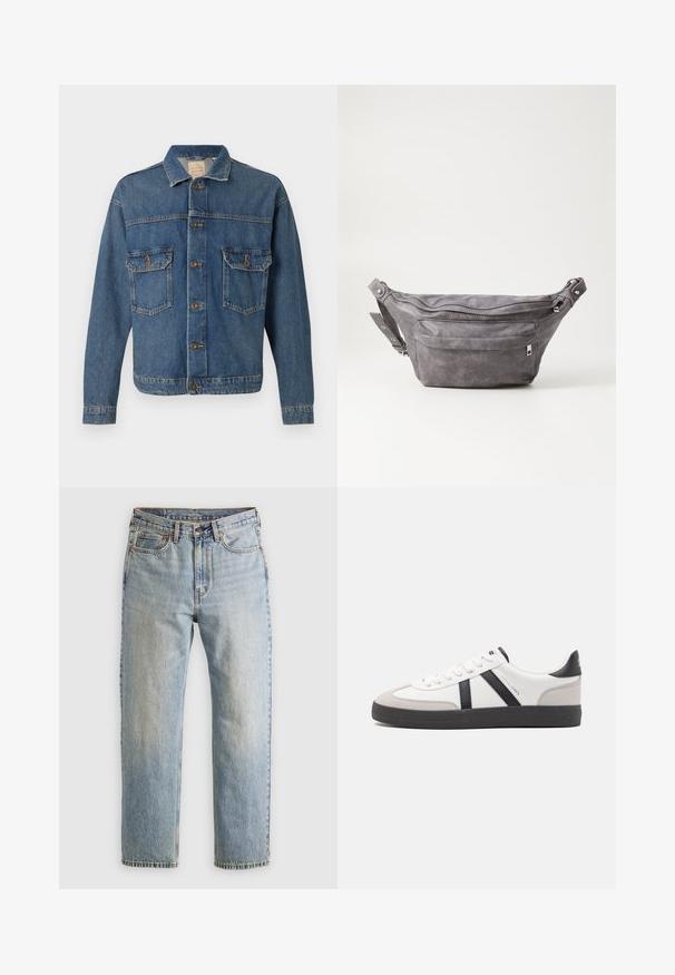 Modrá džínová bunda s na-button predným zapínaním, dvoma gombíkovými náprsnikmi a klasickým golierom na jednoduchej pozadí.; Béžový pulóver so štvrtinovým zipsom vyrobený z mäkkej pleteniny. Má rebrovaný golier a manžety, s voľným strihom a bezšvíkovým dizajnom.; Svetlomodré džínsy s vysokým pásom, predným gombíkom, zipsom a dizajnom s piatimi vreckami, rozložené na neutrálnom pozadí.; Biele tenisky s čiernymi a šedými akcentmi, s textúrovanou šedou špičkou, čiernou gumovou podrážkou a plochými bielymi šnúrkami. Čistý dizajn, minimalistický štýl.; Sivá semišová ľadvinka s okrúhlym tvarom, dvoma zipsovými priehradkami a nastaviteľným popruhom. Obsahuje kovové prvky.