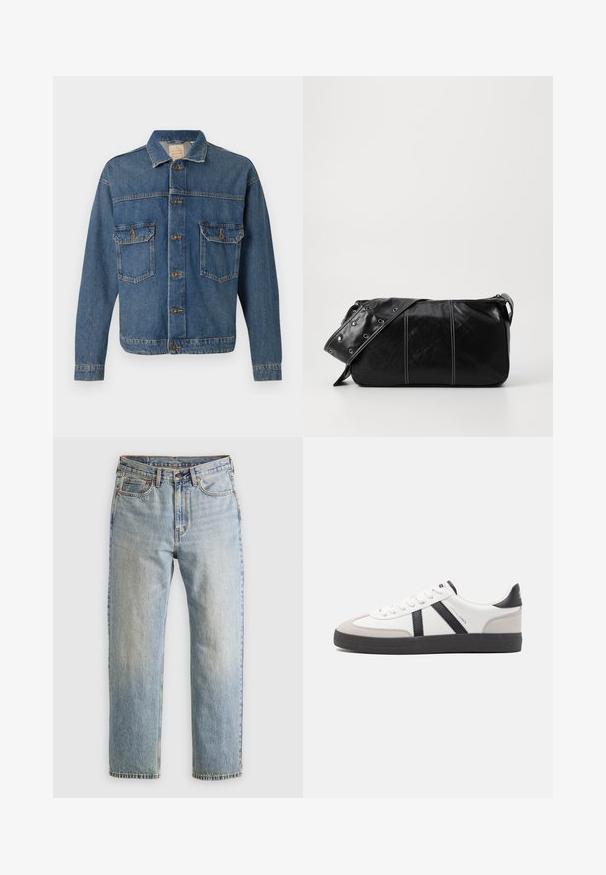 Blå denimjakke med knappestolpe, to knappede brystlommer og klassisk krage på en ensfarget bakgrunn.; Beige, strikket genser med høy, ribbestrikket turtleneck. Har et strukturert mønster med kabel og ribbestrikkede mansjetter og kant, som gir et koselig utseende.; Lys blå denim jeans med høy midje, frontknapp, glidelås og fem-lommers design, lagt flatt på en nøytral bakgrunn.; Hvite sneakers med svarte og grå detaljer, med en teksturert grå tåhette, svart gummisåle, og flate hvite lisser. Rent design, minimalistisk stil.; Svart lær skulderveske med glidelås, med teksturert overflate, hvite sømmer og en stropp med sølvringer.