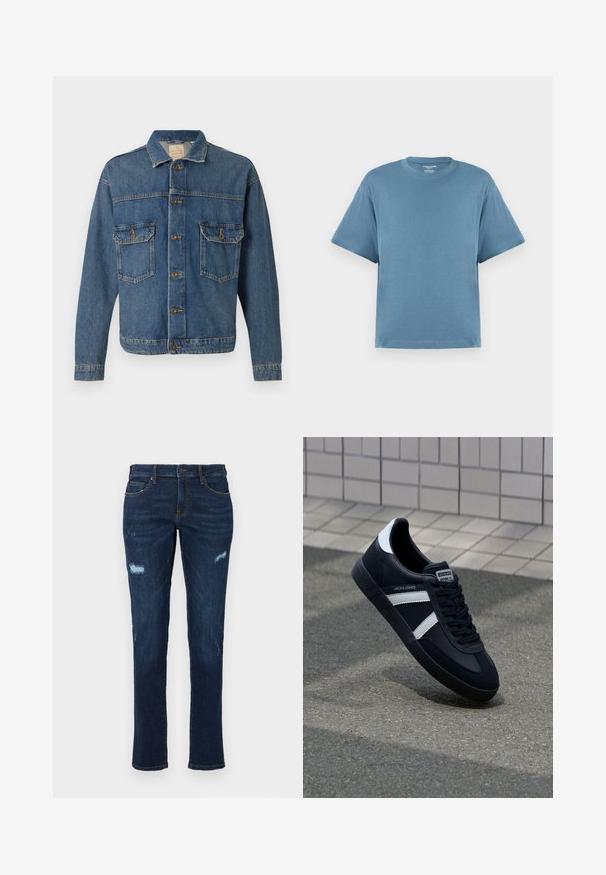 Sinine denimpaariga jakk, nuppude ees, kahe nööbitava rinna-taskuga ja klassikalise kraega lihtsal taustal.; Sinine lühikeste varrukatega t-särk, valmistatud puuvillast, ümarate kaelustega ja lõdva istuvusega. Sile tekstuur, minimalistlik disain, ilma mustrite või aktsentideta.; Tumedas sinises denimist teksad sirge lõikega, millel on reie juures kulunud augud, traditsioonilised taskud ja nähtavad vastandvärvi õmblused.; Must have musta sneaker musta valgete triipudega, tekstuurne kummitald ja nööridega esiosa. Omab bränditud märki keele peal.