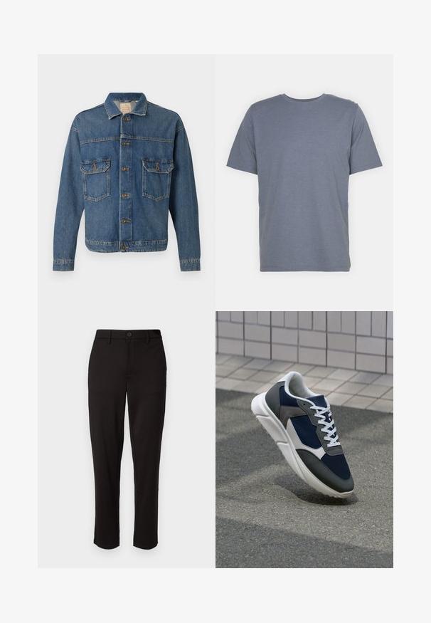 Blaue Jeansjacke mit Knopföffnung, zwei knopfverzierten Brusttaschen und klassischem Kragen auf einem einfarbigen Hintergrund.; Graues T-Shirt mit kurzen Ärmeln und Rundhalsausschnitt, aus weichem Baumwollmixstoff gefertigt. Schlichtes Design, keine Muster oder Akzente.; Schwarze Hose aus leichtem Stoff, im geraden Schnitt, mit vorderem Knopfverschluss, Gürtelschlaufen und Seitentaschen.; Sneaker mit einem Obermaterial aus navyblauem Mesh, grauen Wildlederelementen, einer weißen Gummisohle und flachen weißen Schnürsenkeln, entworfen für Komfort und Atmungsaktivität.