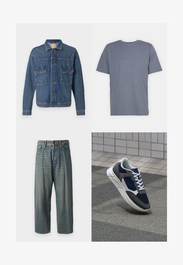 Modrá džínová bunda s na-button predným zapínaním, dvoma gombíkovými náprsnikmi a klasickým golierom na jednoduchej pozadí.; Šedé tričko s krátkymi rukávmi a okrúhlym výstrihom, vyrobené z jemnej bavlnenej zmesi. Jednoduchý dizajn, bez vzorov alebo akcentov.; Svetlomodré denimové nohavice so voľným strihom, stredne vysokým pásom a rovnými nohavicami. Obsahujú päť vreciek, pútka na opasok a zapínanie na gombík.; Tenisky s sieťovinou v námorníckej modrej farbe, so sivými semišovými detailmi, bielou gumovou podrážkou a plochými bielymi šnúrkami, navrhnuté pre pohodlie a priedušnosť.