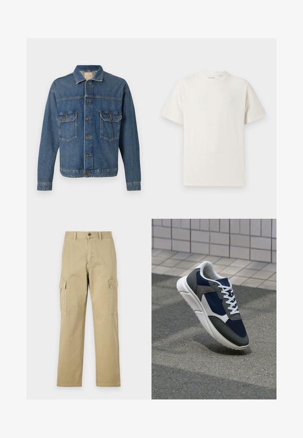 Blauwe denimjack met knopen aan de voorkant, twee met knopen afgewerkte borstzakken en een klassieke kraag op een effen achtergrond.; Witte korte mouwen T-shirt met ribbelstructuur. Ronde hals, ontspannen pasvorm, geen zichtbare patronen of accenten. Eenvoudig en veelzijdig ontwerp.; Beige cargobroek van katoen, met twee zijzakken, een knoopsluiting en rechte pijpen van een licht gestructureerde stof.; Sneaker met een marineblauwe mesh bovenwerk, grijze suède accenten, witte rubberen zool en platte witte veters, ontworpen voor comfort en ademend vermogen.