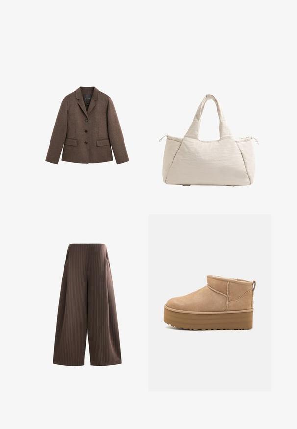 Bruine wolmix blazer met gestructureerde revers, drie zwarte knopen, voorzakken en lange mouwen, met een op maat gemaakte, licht getailleerde pasvorm.; Bruine gebreide trui met col en geribde manchetten. Losvallende silhouet met een gladde textuur en naadloos ontwerp.; Bruine wijde broek met verticale witte streepjes, voorzien van zijzakken en een gladde textuur. Platte tailleband zonder zichtbaar beslag.; Beige suède enkellaarsjes met een pluche binnenvoering, voorzien van een plateauzool en een trekhaak aan de achterkant voor gemakkelijk aantrekken. Gemêleerde rubberen zool.; Beige gevoerde schoudertas met twee handvatten, ronde vorm, textuurstof en een trekkoord zijvak. Gladde afwerking, minimalistisch ontwerp.