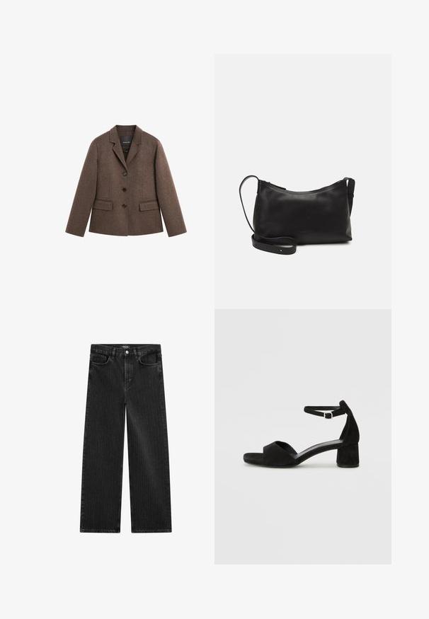 Bruine wolmix blazer met gestructureerde revers, drie zwarte knopen, voorzakken en lange mouwen, met een op maat gemaakte, licht getailleerde pasvorm.; Donkerbruin gebreid trui met een ronde hals, lange mouwen en ribgebreide rand. Zachte textuur met een relaxte pasvorm, geschikt voor het dragen in lagen.; Wijd gesneden zwarte denim jeans met een subtiel verticaal streepmotief, voorzien van een vijfzakkenontwerp en een klassieke knoopsluiting bij de taille.; Zwarte suede hakken met een dunne enkelband, open teen ontwerp en een bescheiden blokhak. Zachte textuur en minimale accenten.; Zwarte leren schoudertas met een gladde textuur, gebogen vorm, verstelbare schouderband en een ritsafsluiting. Minimalistisch ontwerp zonder versieringen.