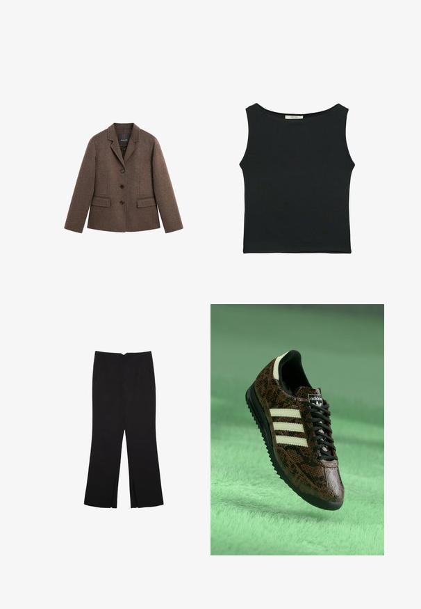 Blazer en mélange de laine marron avec un col structuré, trois boutons noirs, poches avant et longues manches, présentant une coupe cintrée et légèrement ajustée.; Top sans manches noir en tissu lisse, avec un col rond et une coupe ajustée, sans motifs ni ornements apparents.; Pantalon noir avec une coupe droite, doté de poches avant et d'éclairs sur l'ourlet. Fabriqué en tissu doux et lisse. Convient à diverses occasions.; Baskets à motifs de serpent marron avec trois rayures blanches, lacets noirs et semelle en caoutchouc texturée, affichant un logo sur la languette.